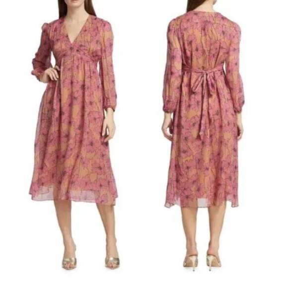 JOIE Womens Kaz Floral Silk Tie-Back Silk Midi Dress Size S Sandstorm - Picture 1 of 5